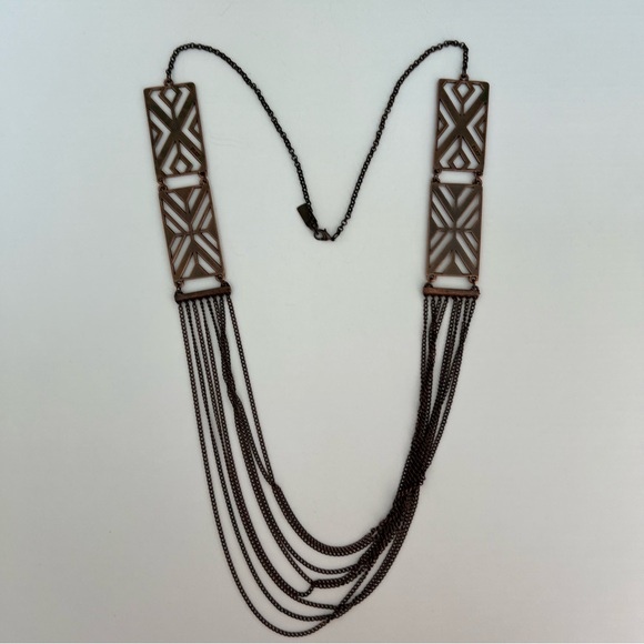 Metal Chain Long Necklace Bronze w/ geometric design 18" - Picture 3 of 6